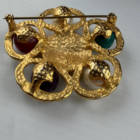 Vintage Cabochon Brooch Pin Gold Tone Red Green Blue Statement - Picture 4 of 6